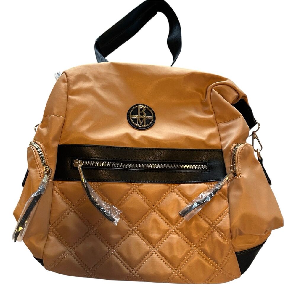 Badgley Mischka NY Gold Quilted Convertible Backpack Purse Black Trim NWT